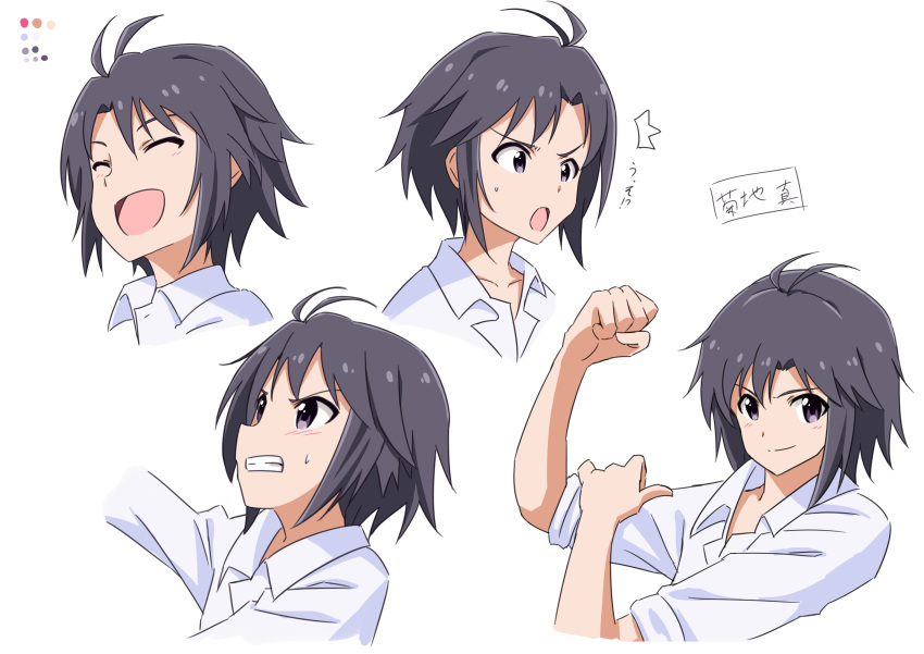 absurdres ahoge black_hair clenched_teeth closed_eyes expressions female flexing highres idolmaster idolmaster_(classic) kikuchi_makoto multiple_views open_mouth portrait pose shirt short_hair smile sweatdrop takatsuki_p teeth white_background