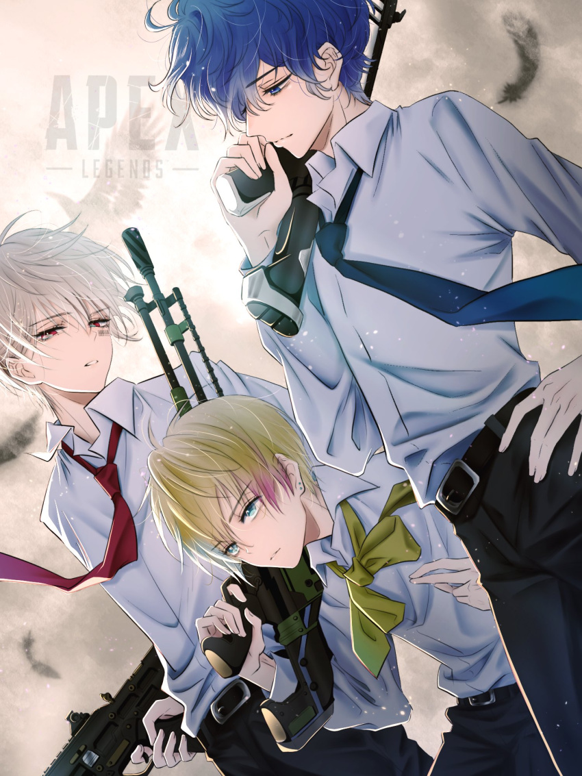 3boys apex_legends assault_rifle barcode belt bishounen black_belt black_pants blonde_hair blue_eyes blue_necktie bobsappaim collared_shirt facial_tattoo feathers gun hair_behind_ear half-closed_eyes hand_on_own_hip head_tilt highres holding holding_gun holding_weapon indie_utaite leaning_forward light_machine_gun logo looking_down m600_spitfire mafumafu male_focus multicolored_hair multiple_boys nasuno_(nasuno2jill) necktie original over_shoulder pants parted_lips pink_hair r-301_carbine red_eyes rifle shirt shirt_tucked_in soraru streaked_hair tattoo utaite vk-47_flatline weapon weapon_over_shoulder white_shirt