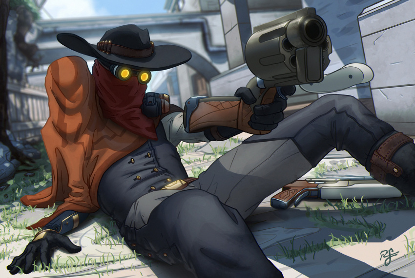 bad_artstation_id bad_id bad_source bandana boots cowboy cowboy_boots cowboy_hat cowboy_western gloves glowing glowing_eyes goggles gun hat high_noon_jhin highres jhin league_of_legends on_ground pointing pointing_at_another poncho red_bandana revolver reynaldo_siqueira vest weapon yellow_eyes