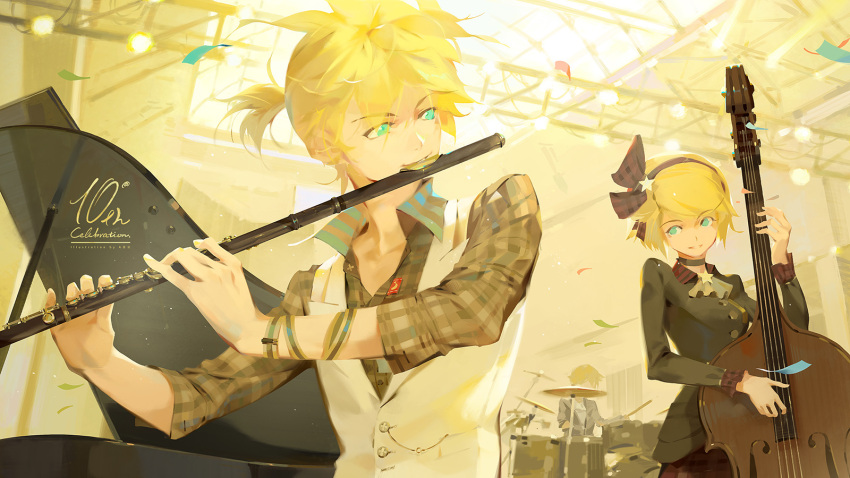 1boy 1other a-shacho anniversary aqua_eyes blonde_hair blue_eyes breasts commentary concert double_bass drum drum_set drumming english_commentary female flute grand_piano hair_ornament hair_ribbon hairclip highres instrument kagamine_len kagamine_rin long_sleeves music piano plaid plaid_shirt playing_instrument ribbon shirt short_hair smile stage stage_lights truss upper_body vocaloid yellow_theme