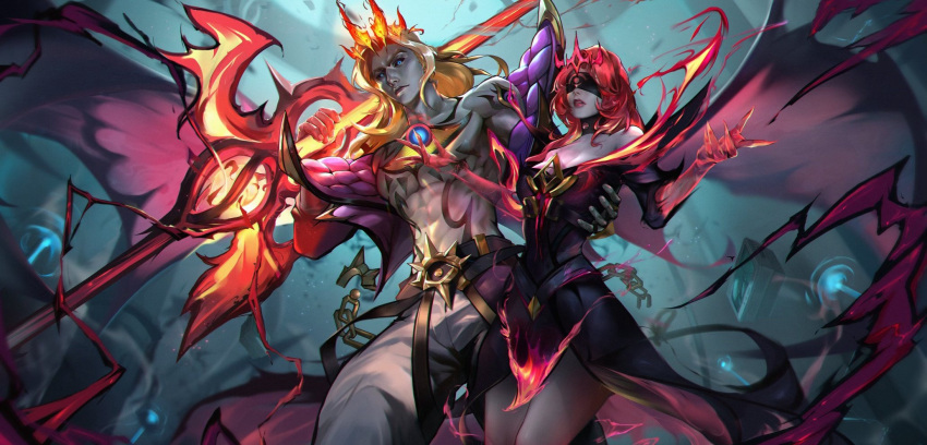 1boy abs bare_shoulders belt black_blindfold black_dress black_sclera blindfold blonde_hair breasts brown_belt chains chest_tattoo collarbone colored_sclera colored_skin cropped crown dress female green_eyes grey_background grey_pants grey_skin highres holding holding_weapon isolde_(league_of_legends) jacket large_breasts league_of_legends long_hair long_sleeves male_focus off_shoulder official_alternate_costume open_clothes open_jacket pants pink_jacket red_hair red_skin smile soul_fighter_viego tattoo third-party_edit third-party_source third_eye_on_chest viego_(league_of_legends) weapon ya_ka