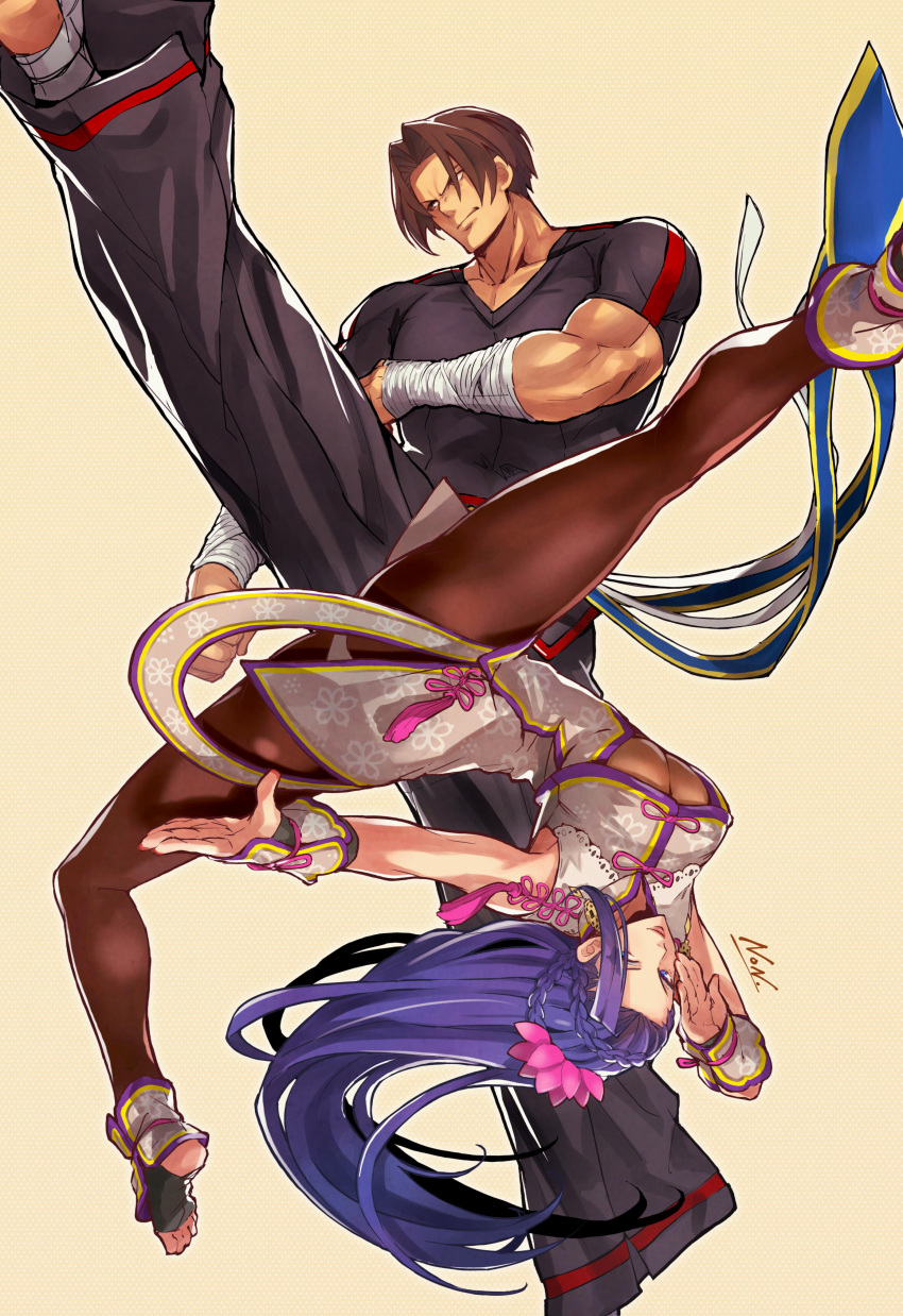 1boy absurdres bandages bare_shoulders barefoot black_hair braid breasts brown_hair chinese_clothes commentary_request curtained_hair dress earrings fatal_fury female flexible flower gloves hair_flower hair_ornament high_kick highres jewelry kicking kim_kaphwan kujou_non large_breasts leggings legs_up lipstick long_hair looking_at_viewer luong makeup mole mole_under_eye muscular muscular_male nail_polish pants pantyhose purple_eyes short_hair simple_background smile snk the_king_of_fighters the_king_of_fighters_xv toeless_legwear toenail_polish toenails toned toned_female