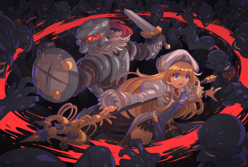 6+boys armor battle blonde_hair blood blue_eyes breastplate buckler commentary decapitation edwin_huang english_commentary female full_armor gloves glowing glowing_eye goblin goblin_slayer goblin_slayer! guro helmet holding holding_sword holding_weapon long_hair motion_lines multiple_boys no_pupils priestess priestess_(goblin_slayer!) red_eyes shield short_sword shoulder_armor staff surrounded sword topless_male visor_(armor) weapon