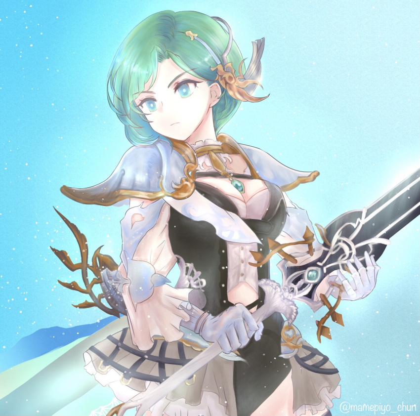 armor breasts cape choker clothing_cutout commentary_request female final_fantasy final_fantasy_brave_exvius frilled_choker frilled_sleeves frills gauntlets gradient_background greatsword green_eyes green_hair hair_ornament highres huge_weapon juame_(war_of_the_visions:_final_fantasy_brave_exvius) looking_at_viewer medium_breasts navel navel_cutout serious seshinosuke short_hair sword war_of_the_visions:_final_fantasy_brave_exvius weapon