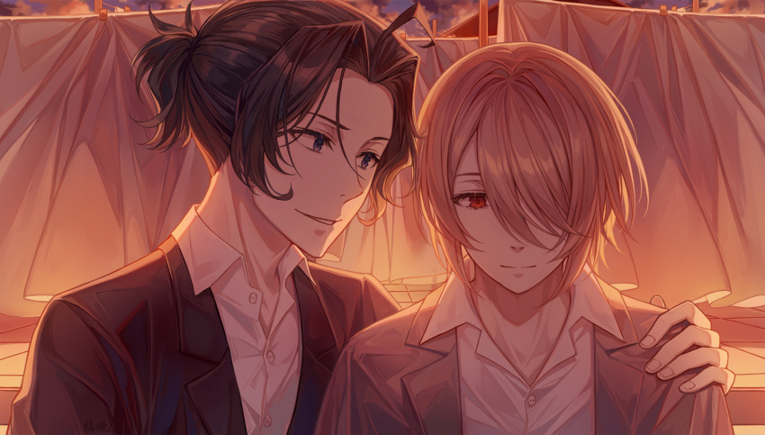 2boys ahoge ayuanlv bad_id bad_pixiv_id black_jacket brown_eyes brown_hair brown_jacket closed_mouth collared_shirt commentary_request dress_shirt forehead hair_over_one_eye hand_on_another's_shoulder highres jacket multiple_boys open_clothes open_jacket outdoors parted_bangs parted_lips ponytail red_eyes sherlock_holmes_(yuukoku_no_moriarty) shirt smile sunset upper_body white_shirt william_james_moriarty yuukoku_no_moriarty