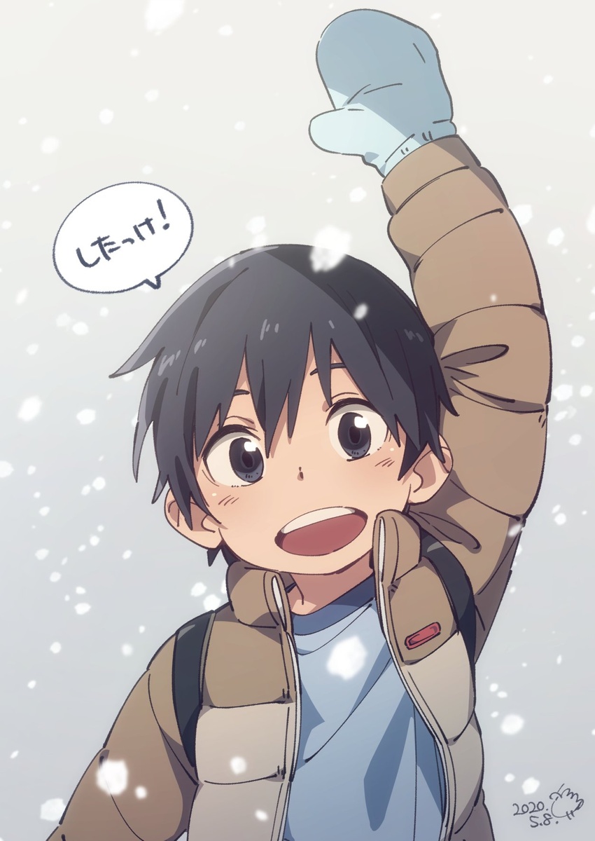 1boy bad_id bad_twitter_id black_hair blue_shirt boku_dake_ga_inai_machi fujinuma_satoru gloves highres jacket lolicon male_focus mittens shirt snowing solo teeth translation_request waving_arm wool_bl