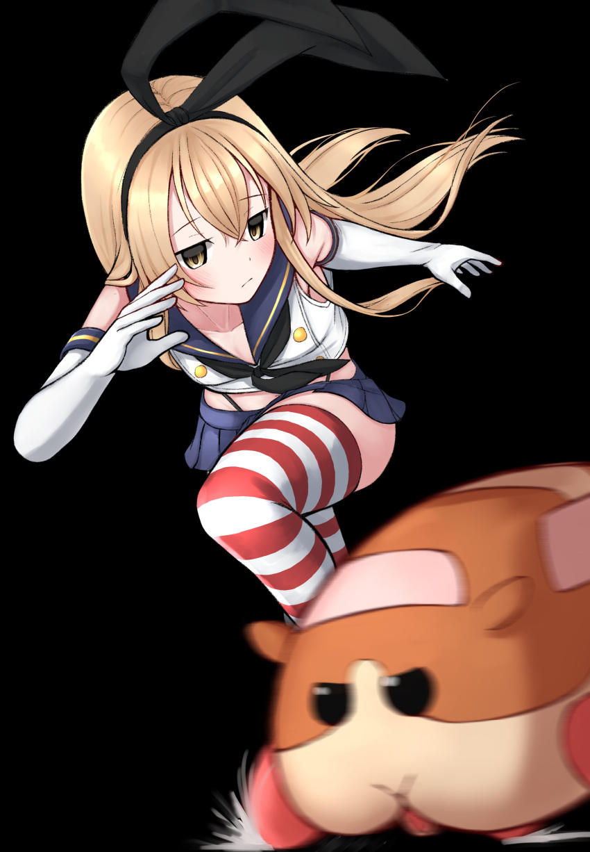 absurdres animal black_background black_eyes black_neckerchief blonde_hair blue_sailor_collar blue_skirt closed_mouth commentary crossover elbow_gloves empty_eyes female gloves guinea_pig hairband highleg highleg_panties highres kantai_collection long_hair miniskirt molcar neckerchief panties pleated_skirt pui_pui_molcar racing running sailor_collar shimakaze_(kancolle) simple_background skirt striped_clothes striped_thighhighs symbol-only_commentary thighhighs tiemu_(man190) underwear white_gloves yellow_eyes