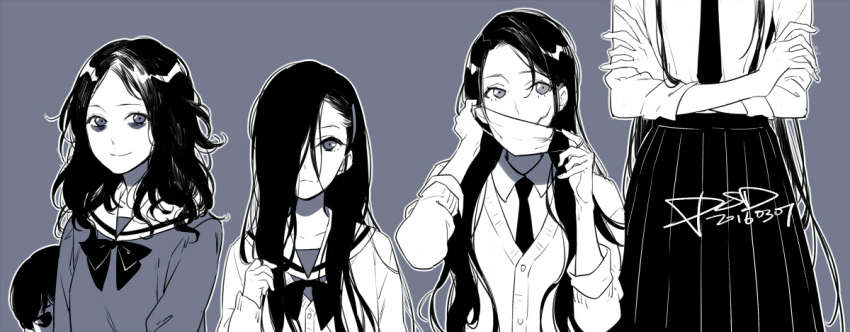 1boy 4girls black_hair chinese_commentary collared_shirt commentary_request creepypasta glasgow_smile hair_over_one_eye hair_over_shoulder hasshaku-sama head_out_of_frame height_difference hiding hiding_behind_another kuchisake-onna long_hair long_skirt mask messy_hair multiple_girls necktie pale_skin psd_(psdgai) ribbon saeki_kayako saeki_toshio school_uniform shirt short_hair skirt tall tall_female the_grudge the_ring trait_connection uniform very_long_hair yamamura_sadako