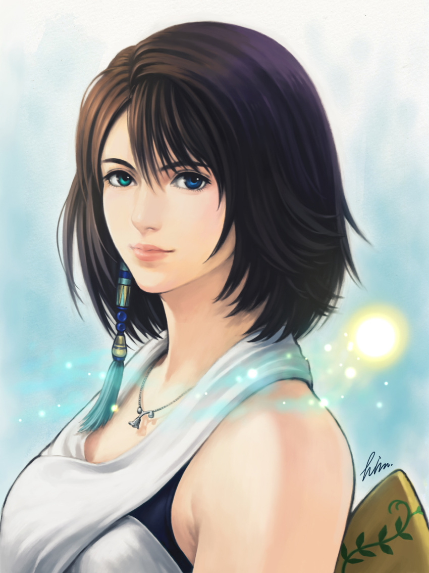 blue_eyes breasts brown_hair closed_mouth detached_sleeves female final_fantasy final_fantasy_x green_eyes hair_ornament heterochromia highres himura_(him-la) japanese_clothes jewelry looking_at_viewer medium_hair necklace simple_background smile solo yuna_(ff10)