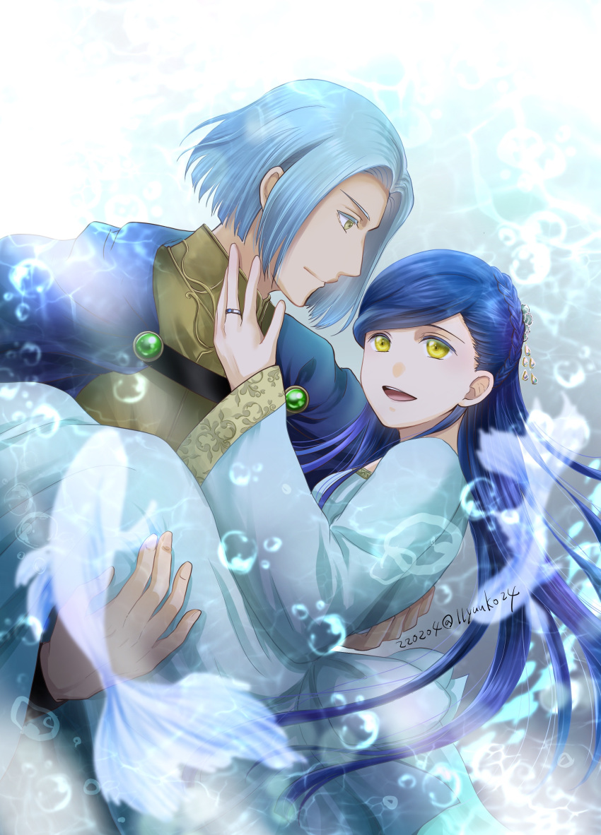 1boy :d absurdres blue_dress blue_hair braid bubble carrying dated dress female ferdinand_(honzuki_no_gekokujou) fish hair_ornament hand_up highres honzuki_no_gekokujou jewelry light_blue_hair long_hair looking_at_another looking_at_viewer myne_(honzuki_no_gekokujou) princess_carry ring robe short_hair smile straight water wide_sleeves yellow_eyes yuuko24