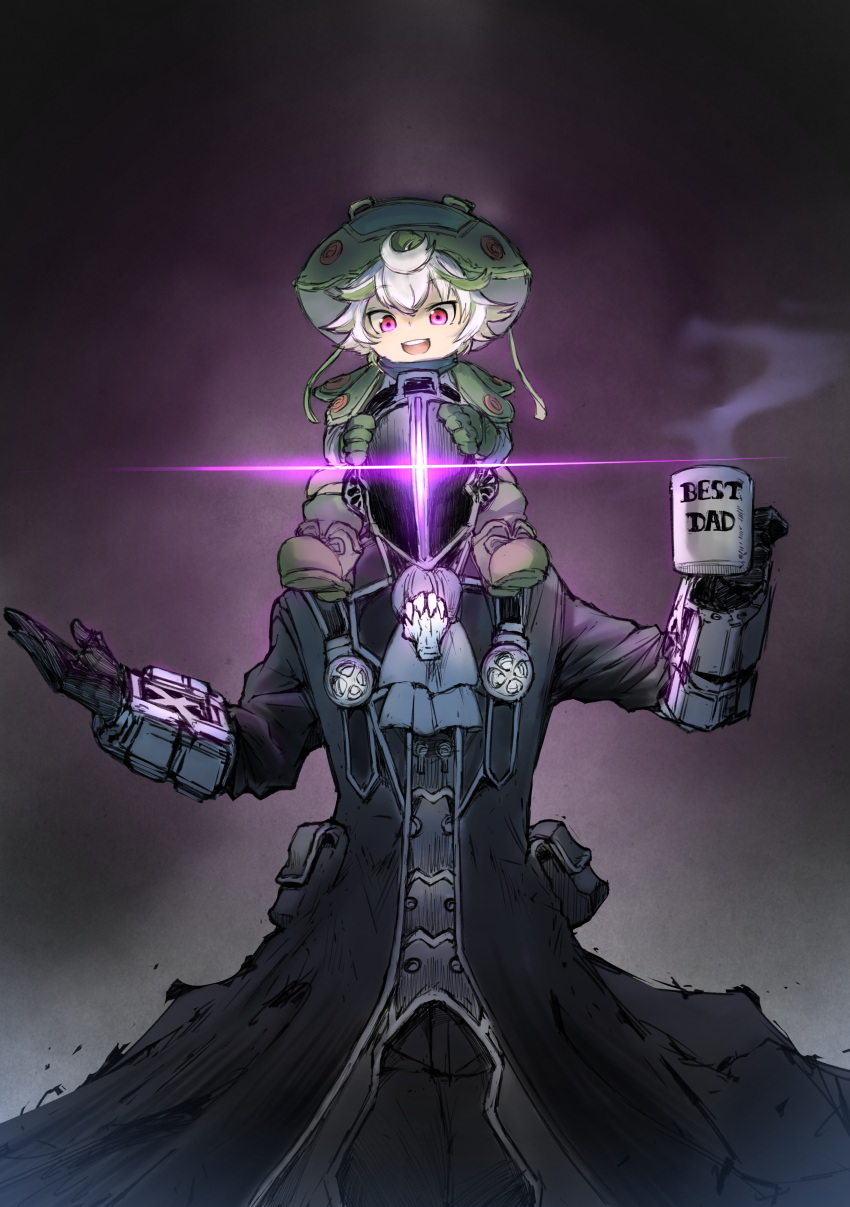 1boy :d absurdres ascot black_background black_gloves bondrewd boots cape carrying commentary cup doodlerush english_text female gloves glowing green_footwear green_gloves green_hair hand_up helmet highres long_sleeves looking_at_viewer made_in_abyss meme mug mug_writing multicolored_hair open_mouth pink_eyes prushka short_hair shoulder_carry smile standing two-tone_hair whistle white_hair