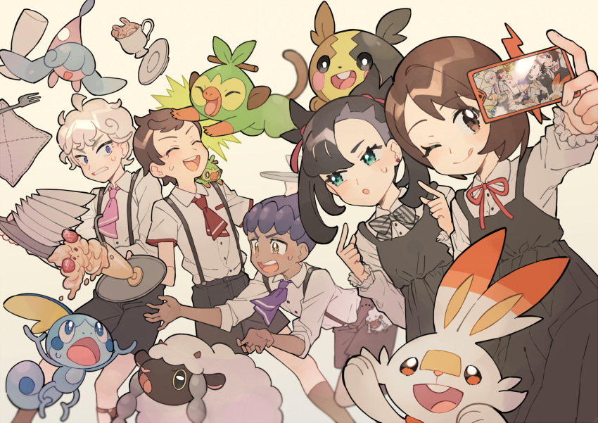 2girls 3boys :d :o :q alcremie alcremie_(strawberry_sweet) bede_(pokemon) blush bow bowtie brown_eyes brown_hair brown_shorts closed_eyes closed_mouth collared_shirt commentary curly_hair dark-skinned_male dark_skin dress eyelashes fork glass gloria_(pokemon) green_eyes grey_eyes grookey hair_ribbon hand_up hatenna highres holding holding_tray hop_(pokemon) index_finger_raised long_sleeves marnie_(pokemon) morpeko morpeko_(full) multiple_boys multiple_girls napkin neck_ribbon necktie open_mouth pink_necktie pokemon pokemon_(creature) pokemon_swsh purple_necktie rata_(m40929) red_necktie red_ribbon ribbon rotom rotom_phone saucer scorbunny shirt short_hair short_sleeves shorts smile sobble starter_pokemon_trio suspenders sweatdrop swept_bangs teeth tongue tongue_out tray victor_(pokemon) wooloo