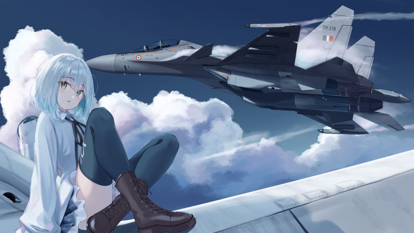 absurdres aircraft airplane amahari_koishi black_ribbon blue_hair blue_sky bob_cut boots brown_footwear cloud commentary commission female fighter_jet green_eyes green_thighhighs highres indie_virtual_youtuber jet light_blue_hair long_sleeves military_vehicle neck_ribbon outdoors png_pant_(bus) ribbon sitting skeb_commission sky solo su-30 thighhighs vehicle_focus virtual_youtuber