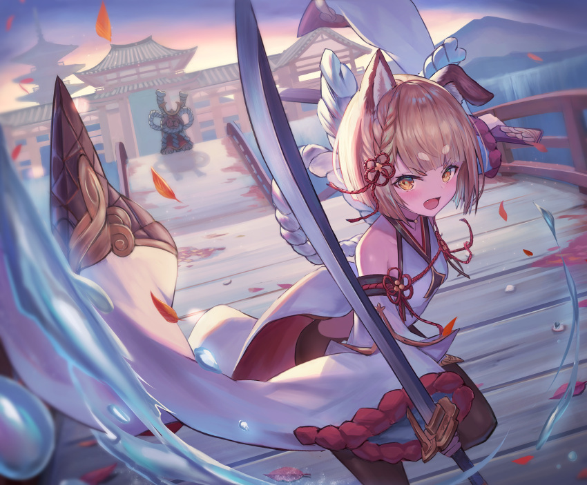 animal animal_ears architecture braid canine dog_ears dog_girl east_asian_architecture erune female garjana granblue_fantasy highres holding holding_sword holding_weapon japanese_clothes mountain oerba_yun_fang open_mouth orange_eyes pantyhose rope sachi_(160332) short_hair sword vajra_(granblue_fantasy) weapon