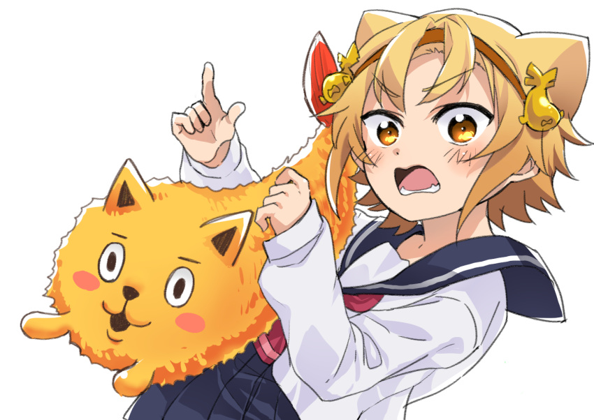 blonde_hair fangs female food hairband looking_at_viewer open_mouth poppu school_uniform serafuku short_hair shrimp shrimp_tempura tempura yatogame-chan_kansatsu_nikki yatogame_monaka yellow_eyes