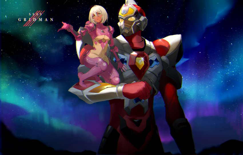 absurdres aurora commentary_request crossover dark-skinned_female dark_skin denkou_choujin_gridman diaclone female gridman_(character) gridman_universe highres hikari_kaizaki looking_at_another mecha nollipap parted_lips platinum_blonde_hair robot short_hair sky star_(sky) starry_sky yellow_eyes