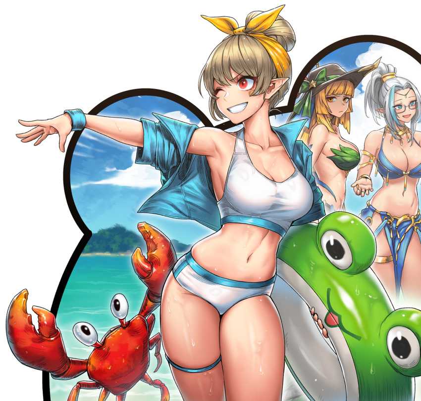 3girls blonde_hair blue_jacket breasts cain_(gunnermul) crab crop_top dungeon_and_fighter hair_bun highres holding holding_swim_ring ikki_the_vikki innertube jacket light_brown_hair midriff multiple_girls navel open_mouth outstretched_hand pointy_ears red_eyes shirt short_sleeves shorts smile swim_ring swimsuit teeth thigh_strap water white_hair white_shirt white_shorts wristband