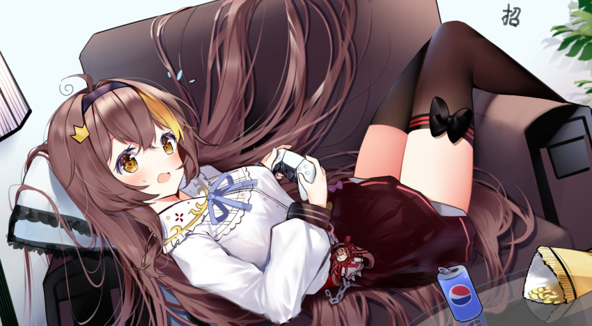 ahoge bingtang black_thighhighs blonde_hair blue_ribbon blush bow_legwear breasts brown_eyes brown_hair chips_(food) collared_shirt controller couch female food frilled_shirt_collar frills hair_ornament hairband hairclip holding holding_controller indie_virtual_youtuber long_hair long_sleeves looking_at_viewer lying multicolored_hair on_back open_mouth pepsi ribbon shirt solo streaked_hair thighhighs two-tone_hair virtual_youtuber white_shirt zettai_ryouiki zhao_(pixiv12947327)