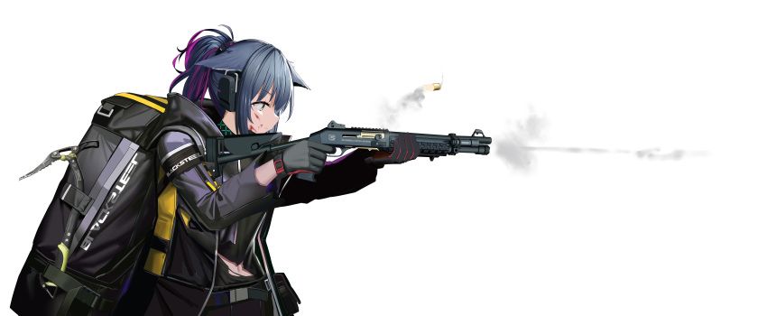 absurdres animal_ears arknights backpack bag benelli_m4 black_gloves black_jacket blue_hair cat_ears commentary female from_side gloves gun hamachi_hazuki headphones highres holding holding_gun holding_weapon ice_axe jacket jessica_(arknights) jessica_(ash)_(arknights) john_wick long_sleeves multicolored_hair official_alternate_costume photoshop_(medium) ponytail purple_hair short_hair shotgun sidelocks simple_background solo streaked_hair upper_body weapon white_background