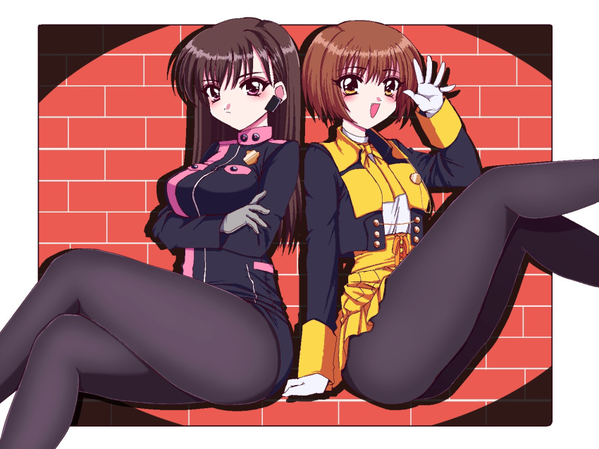 1990s_(style) 2girls :d animification black_hair black_jacket black_legwear brown_hair closed_mouth cropped_jacket crossed_legs gloves grey_gloves hand_up hayami_umika high-waist_skirt highres jacket kaitou_sentai_lupinranger_vs._keisatsu_sentai_patranger long_hair miniskirt multiple_girls myoujin_tsukasa nanami_neru oerba_yun_fang open_clothes open_jacket orange_ribbon pantyhose pink_eyes retro_artstyle ribbon short_hair sitting skirt smile straight_hair super_sentai tokusatsu white_gloves yellow_eyes yellow_ribbon yellow_skirt