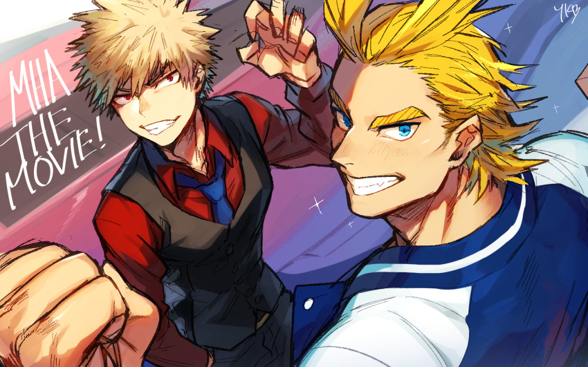 2boys bakugou_katsuki bangs black_pants blonde_hair blue_eyes blue_necktie boku_no_hero_academia claw_pose clenched_hand english_text face formal highres jacket letterman_jacket looking_at_viewer male_focus multiple_boys necktie pants red_eyes red_shirt shirt short_hair short_hair_with_long_locks sidelocks signature smile sparkle spiked_hair teeth twitter_username v-shaped_eyebrows vest waistcoat yagi_toshinori yukibi_(ykb)