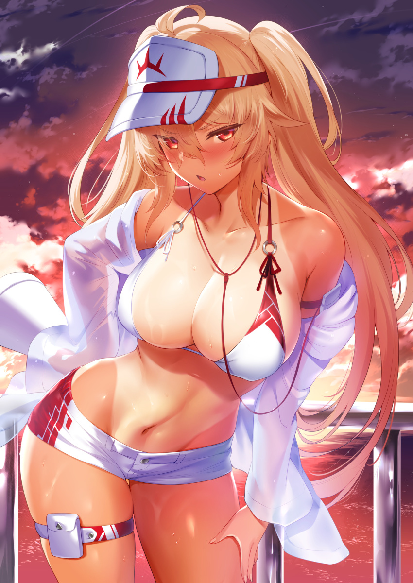 absurdres ahoge arm_strap bikini bikini_top_only blonde_hair blush breasts cleavage commentary_request cowboy_shot dusk earphones fanbox_reward female hair_between_eyes hand_on_own_hip highres hiyake-chan large_breasts m-da_s-tarou midriff navel o-ring o-ring_top one-piece_tan open_mouth original outdoors paid_reward railing red_eyes shiny_skin short_shorts shorts sidelocks solo sweat swimsuit tan tanlines thigh_gap thigh_strap thighs twintails visor_cap white_bikini