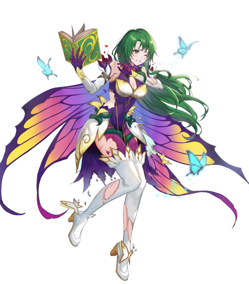 alternate_costume bare_shoulders book boots breasts bug butterfly cape cecilia_(fire_emblem) cecilia_(resplendent)_(fire_emblem) cleavage dress elbow_gloves female fire_emblem fire_emblem:_the_binding_blade fire_emblem_heroes flower full_body gloves gold_trim gradient_clothes green_eyes green_hair hand_up haru_(hiyori-kohal) high_heel_boots high_heels highres holding holding_book long_hair looking_away medium_breasts non-web_source official_art one_eye_closed open_book parted_lips plant scar scar_on_cheek scar_on_face short_dress sleeveless solo thigh_boots thorns torn_clothes torn_footwear torn_paper transparent_background vines