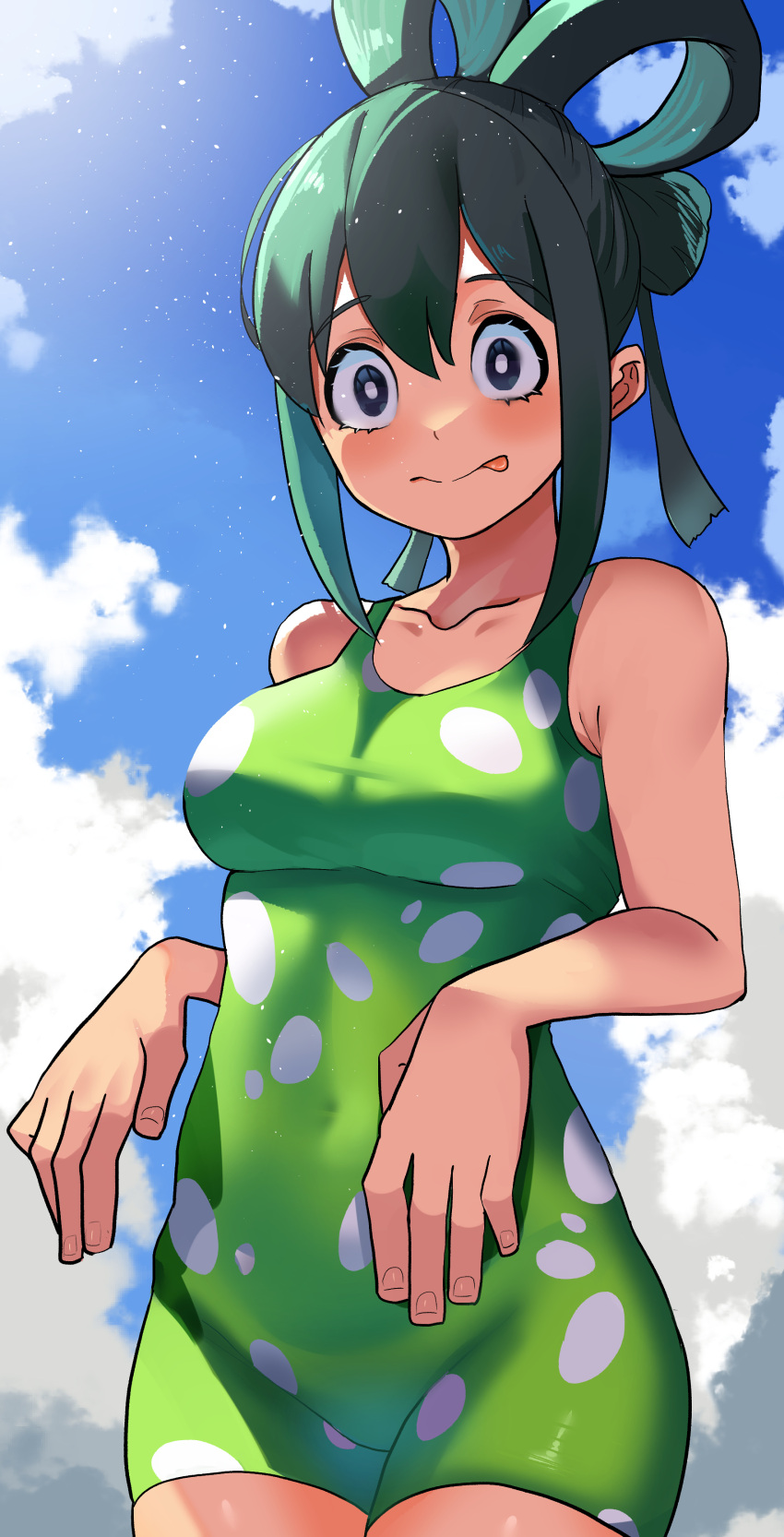 absurdres asui_tsuyu black_eyes blue_sky boku_no_hero_academia breasts bright_pupils cloud dark_green_hair day female frog_girl green_one-piece_swimsuit hair_rings hair_tie highres long_hair looking_at_viewer one-piece_swimsuit outdoors polka_dot polka_dot_swimsuit sky solo swimsuit tongue tongue_out white_pupils zd_(pixiv6210083)