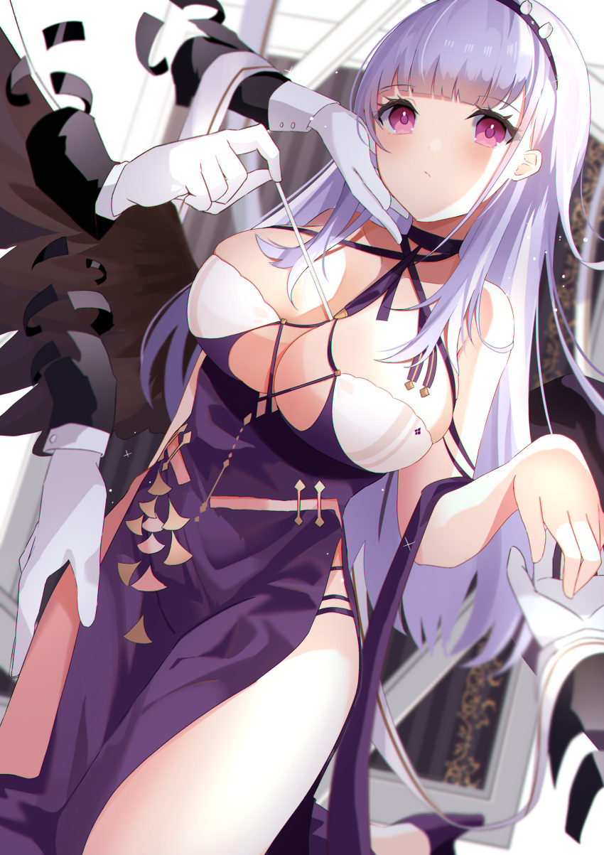 absurdres azur_lane bare_arms bare_shoulders black_hairband blue_hair blunt_bangs blush breasts check_commentary cleavage closed_mouth commentary commentary_request dido_(anxious_bisque_doll)_(azur_lane) dido_(azur_lane) disembodied_hand dress female gloves hairband halter_dress halterneck highres holding_hands kneeling large_breasts long_hair long_sleeves official_alternate_costume pelvic_curtain purple_dress purple_eyes sleeveless sleeveless_dress straight_hair thighs very_long_hair white_gloves yamaha_tsui