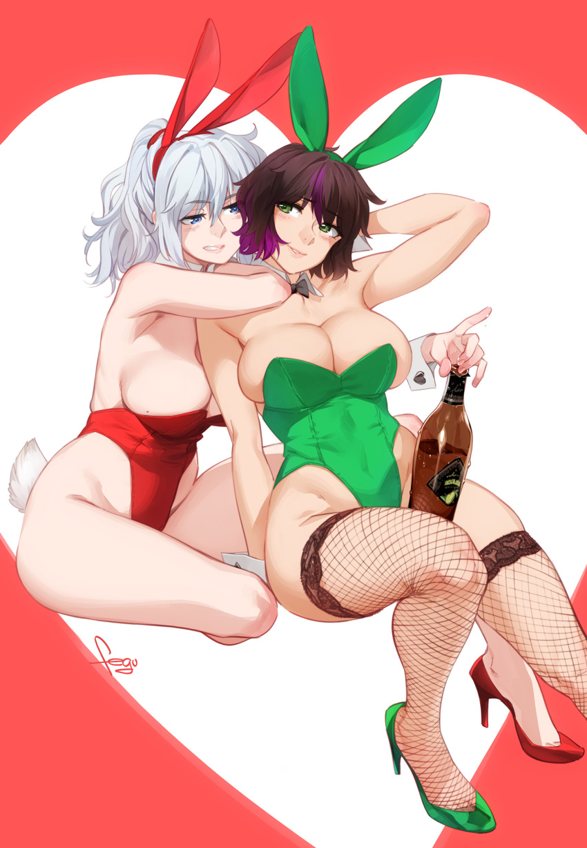 2girls animal_ears arm_behind_head between_thighs blue_eyes blush bottle breasts brown_hair detached_collar fake_animal_ears fake_tail feguimel fishnet_thighhighs fishnets green_eyes green_footwear green_leotard grin high_heels highleg highleg_leotard highres jessica_(feguimel) karina_(feguimel) leotard mole mole_on_breast multicolored_hair multiple_girls original playboy_bunny ponytail purple_hair rabbit_ears rabbit_tail red_background red_footwear red_leotard shoes short_hair smile streaked_hair tail thighhighs toe_cleavage two-tone_background white_background white_hair wrist_cuffs