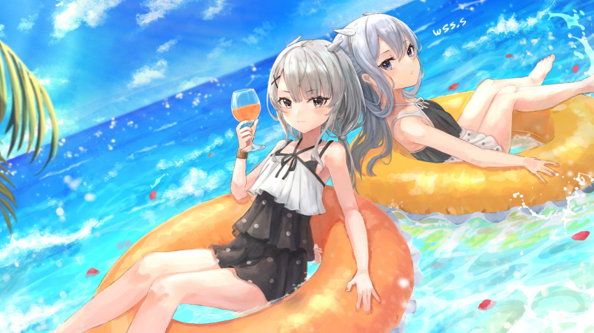 2girls artist_name bare_arms bare_legs bare_shoulders barefoot blush closed_mouth collarbone commission day grey_eyes grey_hair hair_between_eyes hair_ornament headgear highres i-201_(kancolle) i-203_(kancolle) innertube kantai_collection long_hair multiple_girls ocean polka_dot polka_dot_swimsuit signature skeb_commission smile swim_ring swimsuit wss_(nicoseiga19993411) x_hair_ornament