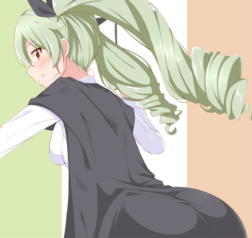 anchovy_(girls_und_panzer) anzio_school_uniform black_cape black_ribbon brown_eyes cape commentary_request dou-t dress_shirt drill_hair female flag_background from_behind girls_und_panzer green_hair grin hair_ribbon highres holding holding_riding_crop italian_flag leaning_forward long_hair long_sleeves looking_at_viewer looking_back ribbon riding_crop school_uniform shirt smile solo standing twin_drills twintails white_shirt