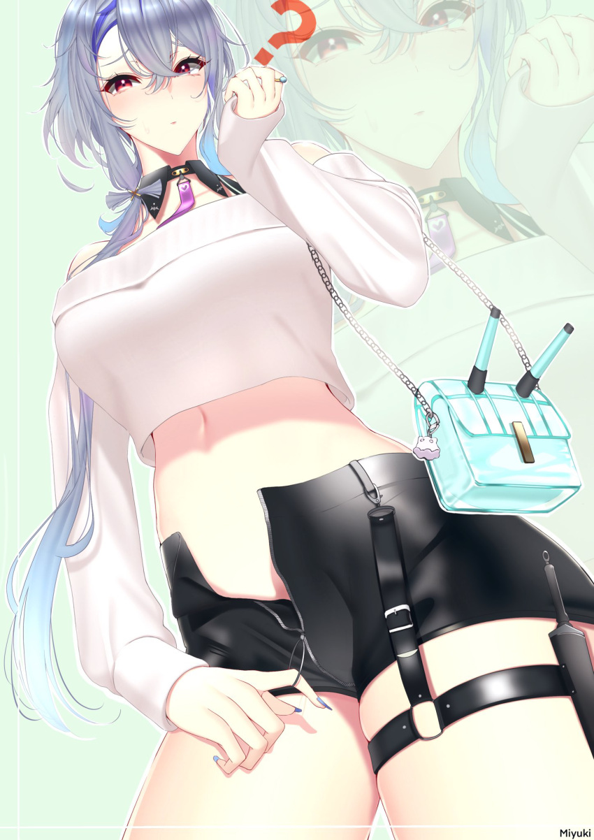 ? azur_lane bag bare_shoulders blue_bag blush breasts cropped_sweater crossed_bangs female foch_(azur_lane) foch_(rainbow_rendezvous)_(azur_lane) from_below handbag highres holster knife_sheath large_breasts latex_shorts looking_at_viewer looking_down miyuki_(9029009) multicolored_hair off-shoulder_sweater off_shoulder official_alternate_costume purple_hair sheath short_hair_with_long_locks simple_background solo streaked_hair sweater thigh_holster two-tone_hair unzipping white_sweater