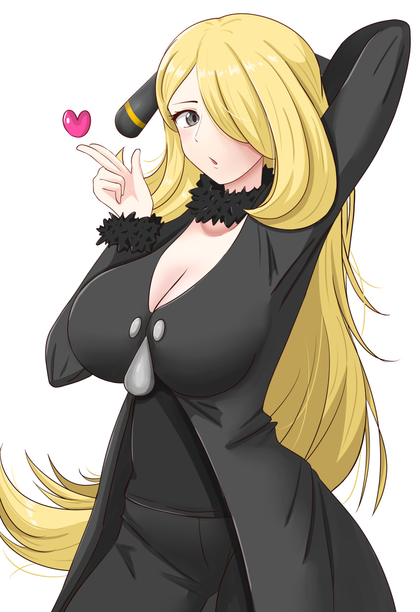 :o absurdres arm_up black_coat black_pants black_shirt breasts cleavage coat cowboy_shot cynthia_(pokemon) female fur-trimmed_sleeves fur_choker fur_trim hair_ornament hair_over_one_eye heart highres large_breasts long_hair long_sleeves looking_at_viewer maho_(corotonton5150) open_mouth pants pokemon pokemon_dppt shirt simple_background solo v-neck very_long_hair white_background