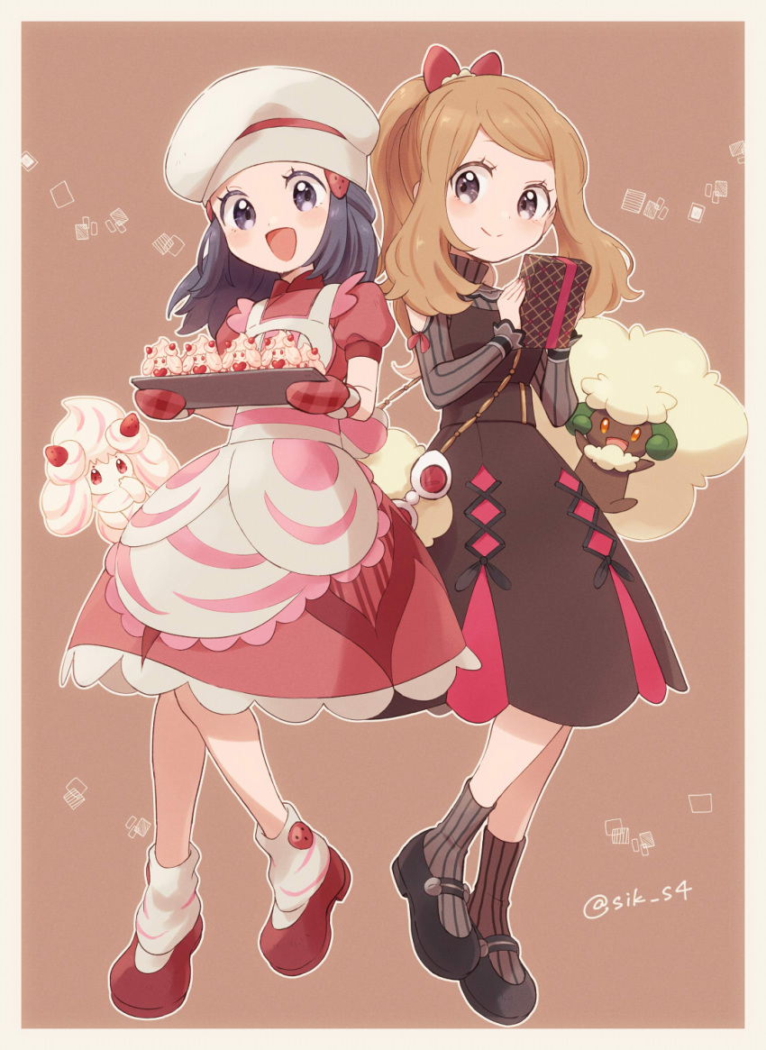 2girls :d alcremie alcremie_(strawberry_sweet) apron artist_name baking_sheet black_hair box brown_background brown_dress closed_mouth commentary_request dawn_(palentine's_2021)_(pokemon) dawn_(pokemon) dress eyelashes gift gift_box grey_eyes hair_ornament hairclip hat highres holding light_brown_hair long_hair long_sleeves looking_at_viewer loose_socks mittens multiple_girls official_alternate_costume open_mouth oven_mitts pokemon pokemon_(creature) pokemon_masters_ex protected_link red_dress red_footwear red_mittens ribbed_legwear serena_(palentine's_2021)_(pokemon) serena_(pokemon) shoes smile socks tongue whimsicott white_headwear yairo_(sik_s4)