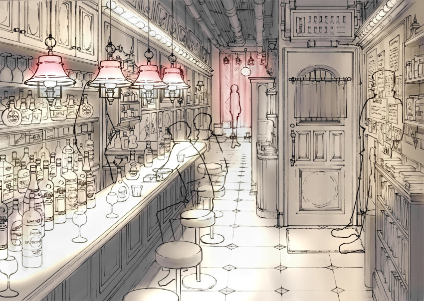 alcohol bar_(place) bottle commentary_request concept_art cup door drinking_glass indoors industrial_pipe k_kanehira kabukichou_sherlock lantern scenery shot_glass sitting standing stool tile_floor tiles wine_bottle