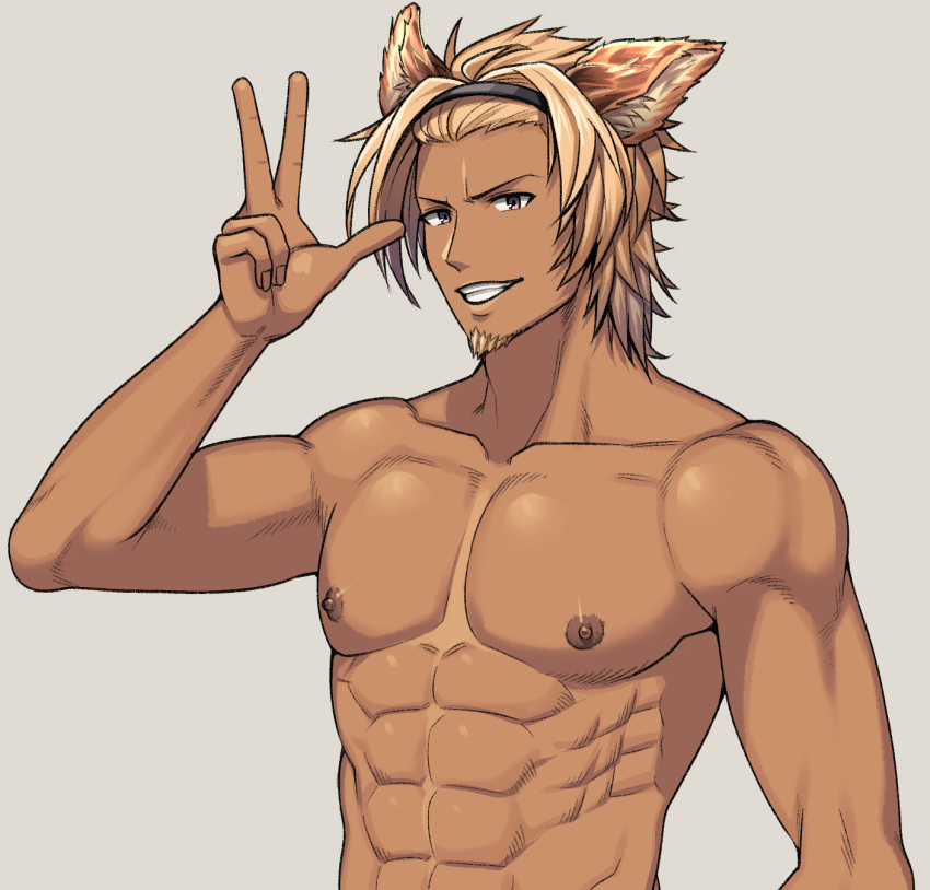 1boy abs animal_ears arima_(arima_bn) biceps blonde_hair diadem erune facial_hair granblue_fantasy highres looking_at_viewer lowain_(granblue_fantasy) male_focus manly mature_male muscular muscular_male nipples pectorals smile solo spiked_hair stubble tan teeth topless_male upper_body yellow_eyes