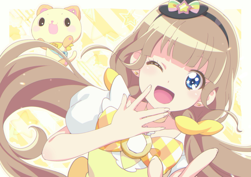 1boy :3 :d animal_ears blue_eyes brown_hair earrings female hat hizuki_(hiduki6121) jewelry long_hair magical_girl mewkledreamy mini_hat one_eye_closed peko_(mewkledreamy) smile star_(symbol) star_in_eye symbol_in_eye tail tsukishima_maira twintails