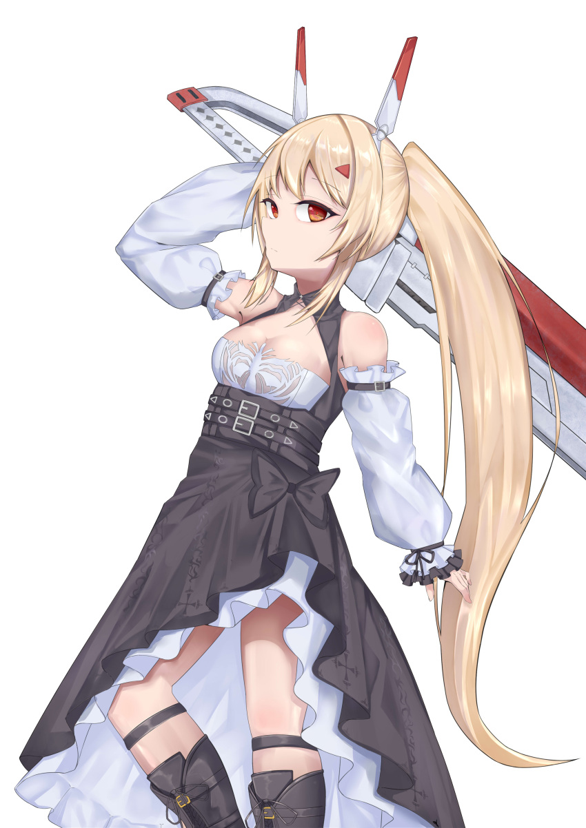 absurdres armpits ayanami_(azur_lane) ayanami_(nightfall_raiment)_(azur_lane) azur_lane belt black_footwear boots breasts cleavage commentary_request detached_sleeves female greatsword hair_between_eyes hair_ornament hairclip headgear highres holding holding_sword holding_weapon knee_boots light_brown_hair long_hair long_sleeves looking_at_viewer looking_to_the_side mamiya_yuki official_alternate_costume orange_eyes ponytail side_slit sidelocks simple_background solo sword weapon weapon_on_back white_background wide_sleeves