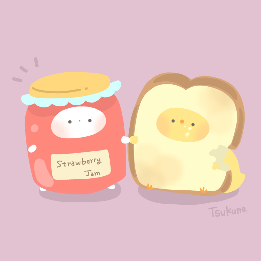 animal animal_focus artist_name bird bread bread_slice chibi chick food food_focus friends fruit ghost halloween highres holding_hands jam jar no_humans original pink_background simple_background strawberry toast tsukune