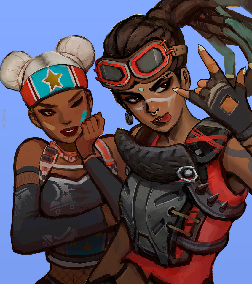 2girls \m/ absurdres apex_legends blue_tank_top brown_eyes brown_eyeshadow brown_hair detached_sleeves double_bun dreadlocks english_commentary facepaint goggles goggles_on_head green_hair hair_behind_ear hair_bun highres jammer_lifeline lifeline_(apex_legends) multicolored_hair multiple_girls nose_piercing nose_ring official_alternate_costume one_eye_closed peter_chai piercing rampart_(apex_legends) shirt sleeveless sleeveless_shirt star_(symbol) streaked_hair tank_top tongue tongue_out tooth_gap wastelander_rampart white_hair