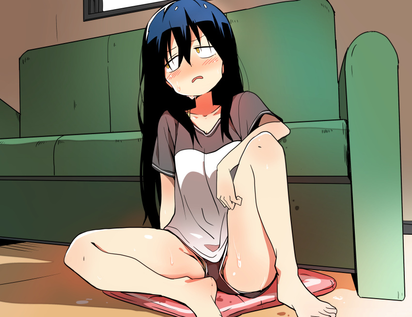 absurdres barefoot black_hair black_shorts blush bural_chingu couch female green_panties hair_between_eyes highres indoors ju_hyeon-mi long_hair luke_(dydansgur) panties panties_under_shorts pantyshot parted_lips shirt short_shorts short_sleeves shorts sitting solo sweat underwear upshorts very_long_hair window yellow_eyes