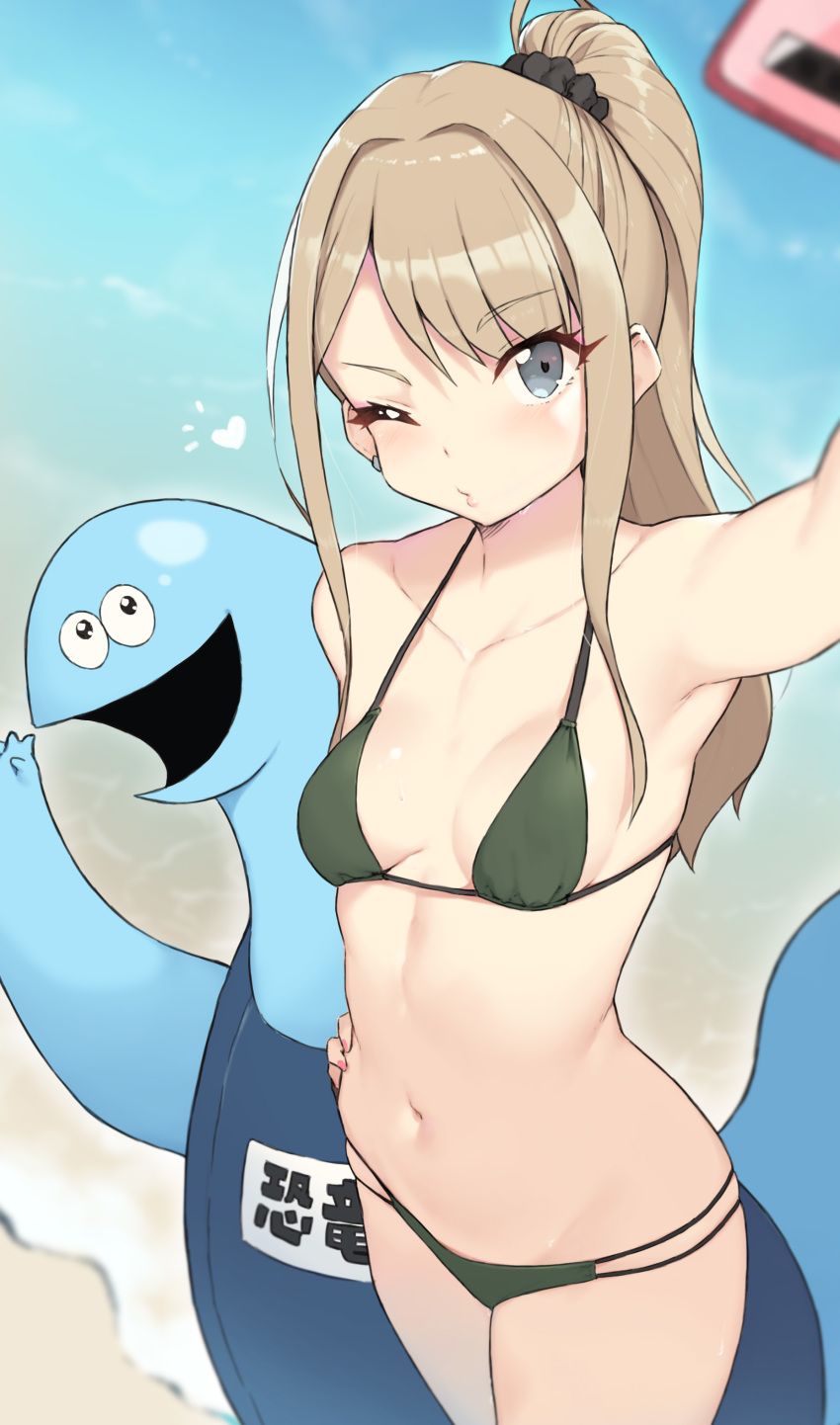 absurdres armpits beach bikini black_scrunchie breasts brown_hair cellphone cloba collarbone commentary_request dinosaur_(gal_to_kyouryuu) female gal_to_kyouryuu green_bikini grey_eyes hair_ornament hair_scrunchie hand_on_own_hip highres kaede_(gal_to_kyouryuu) long_hair looking_at_viewer navel old_school_swimsuit one_eye_closed phone ponytail school_swimsuit scrunchie selfie small_breasts standing swimsuit