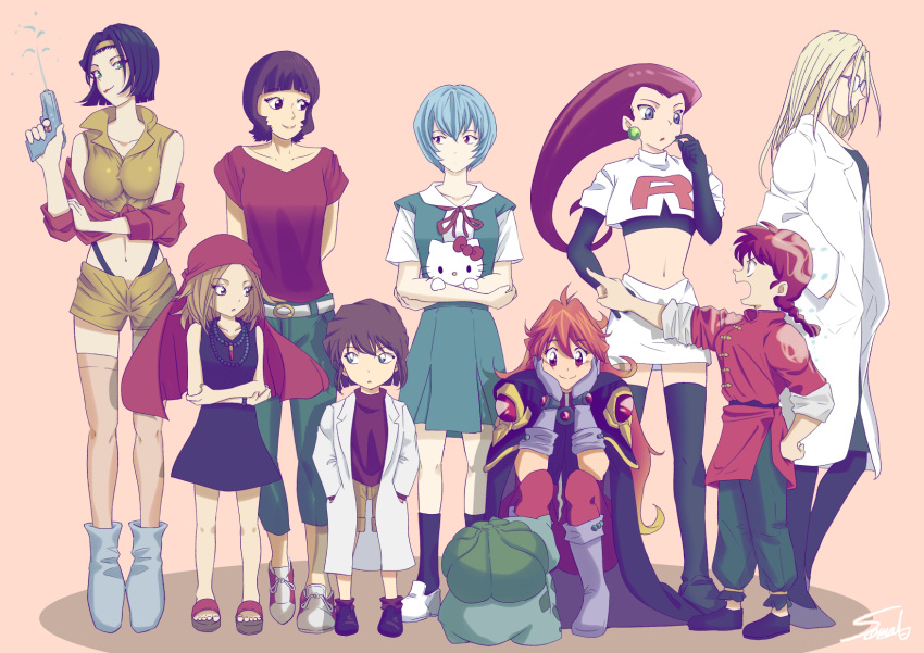 6+girls ayanami_rei bandana belt black_cape black_dress black_gloves black_hair black_shirt blonde_hair blue_footwear blue_hair blue_skirt blunt_bangs bow brown_eyes brown_hair bulbasaur cape chinese_clothes commentary_request cowboy_bebop crossover dress earrings faye_valentine glasses gloves green_pants grey_gloves haibara_ai hand_on_own_hip hands_in_pockets hayashibara_megumi hello_kitty hello_kitty_(character) highres holding holding_water_gun jacket jessie_(pokemon) jewelry kyouyama_anna lab_coat lina_inverse long_hair meitantei_conan miyano_elena multiple_crossover multiple_girls navel necklace neon_genesis_evangelion pants pantyhose paprika paprika_(character) pointing pokemon pokemon_(anime) pokemon_(classic_anime) pokemon_(creature) ranma-chan ranma_1/2 red_bandana red_bow red_eyes red_jacket red_pants red_ribbon red_shirt ribbon sandals sanrio school_uniform shaman_king shirt shoes short_hair short_sleeves shorts skirt slayers smile sneakers sooma4869 squatting thighhighs tokyo-3_middle_school_uniform voice_actor_connection water_gun white_belt white_footwear white_shirt white_skirt yellow_jacket yellow_shorts