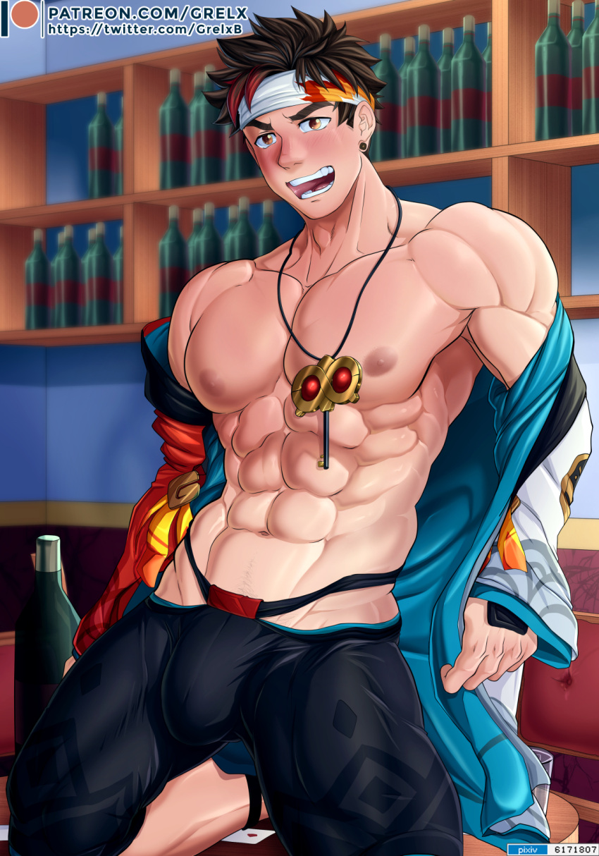 1boy abs alcohol bara bare_pectorals biceps black_hair blush bottle building bulge ear_piercing glass grelxb gyee headband highres japanese_clothes jewelry key kimono kneeling large_pectorals male_focus male_underwear male_underwear_peek manly multicolored_hair muscular muscular_male navel navel_hair necklace nipples obliques open_mouth pants patreon_logo patreon_username pectorals piercing red_hair room shelf short_hair solo spiked_hair sven_(gyee) teeth tight_clothes tongue underwear wine wine_bottle yellow_eyes yukata