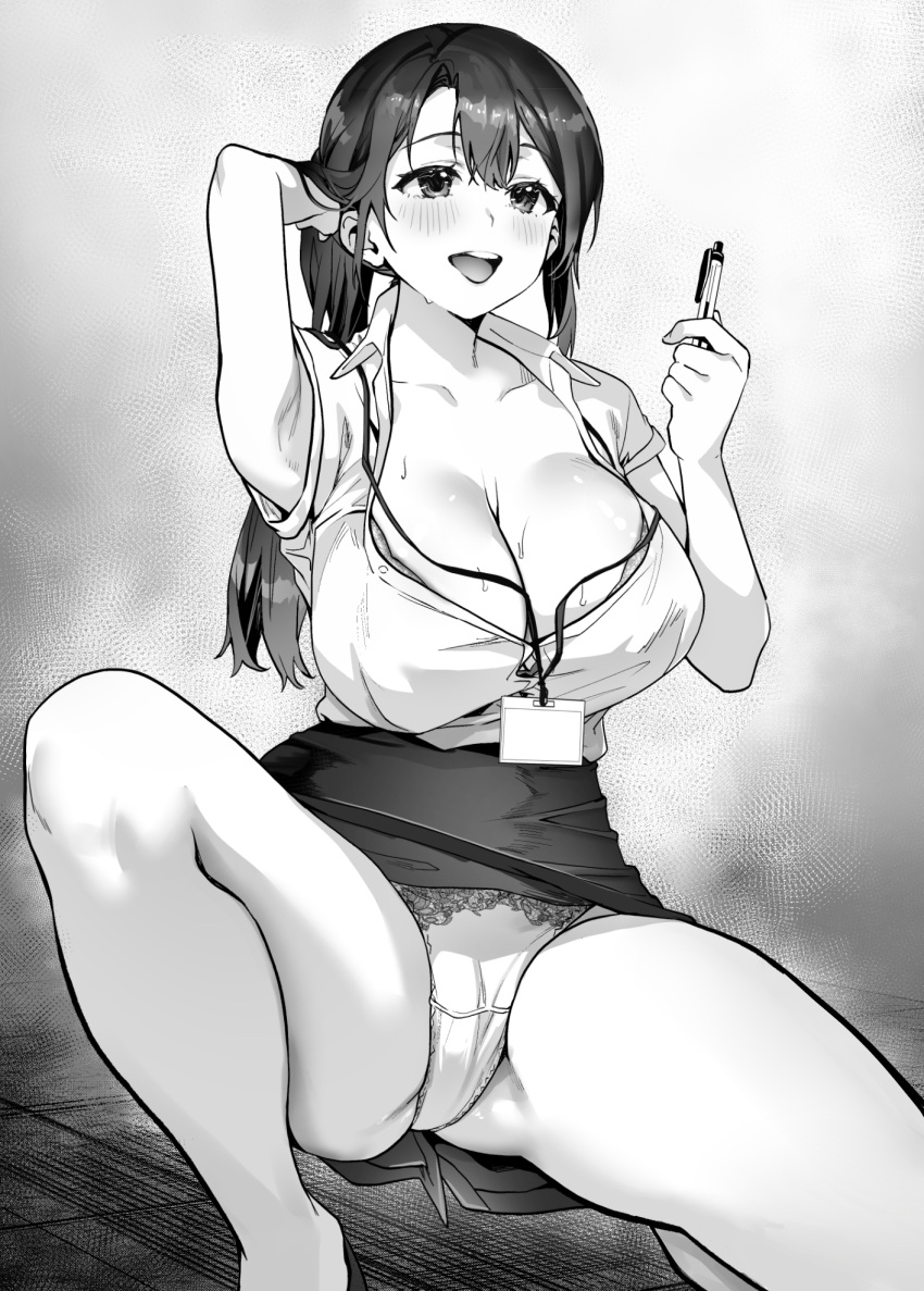 arm_up armpits blush breasts cleavage collarbone collared_shirt commentary_request female hand_in_own_hair highres holding holding_pen knee_up large_breasts long_hair monochrome open_mouth original panties pen sage_joh shirt short_sleeves sitting skirt smile solo thighs underwear