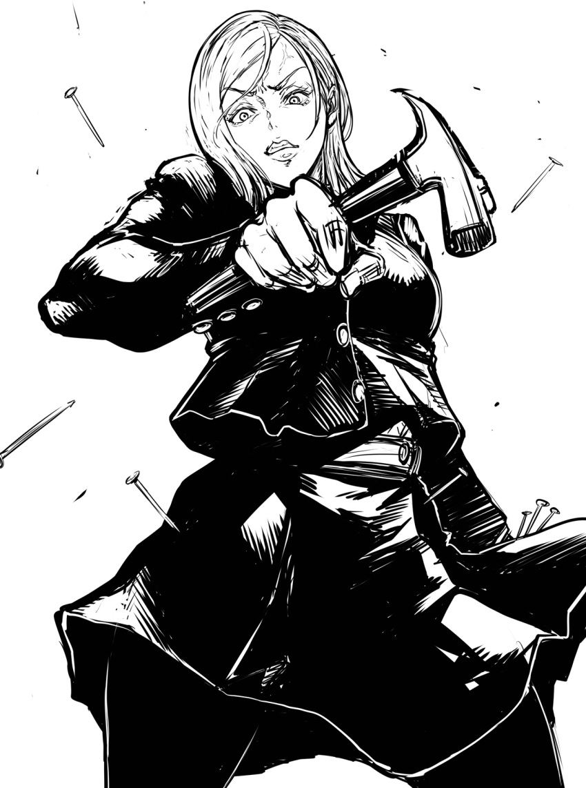 breasts claw_hammer female furrowed_brow gakuran greyscale hammer highres holding holding_hammer jujutsu_kaisen jujutsu_tech_uniform kugisaki_nobara large_breasts lips looking_at_viewer monochrome nail pantyhose school_uniform short_hair skirt solo sunagawa_tara swept_bangs thighs weapon