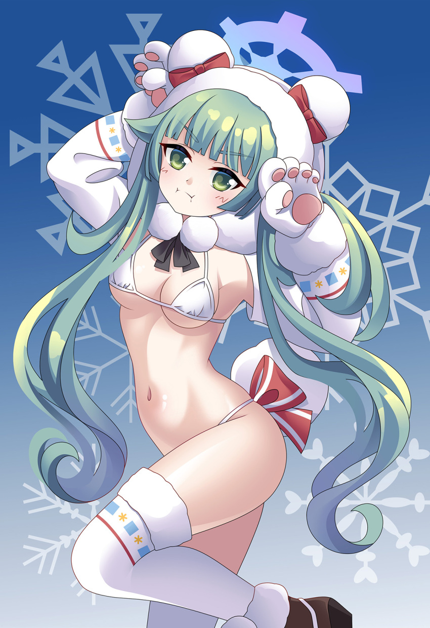 animal_hands blue_archive blue_background blunt_bangs blush bra breasts cleavage closed_mouth commentary_request female gloves green_eyes green_hair highres hood hooded_jacket hoxi jacket leg_up looking_at_viewer momiji_(blue_archive) navel paw_gloves ribbon shoes small_breasts solo thighhighs underwear