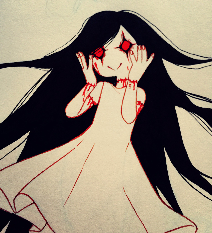 :> bad_id bad_twitter_id black_hair bleeding blood character_request dress female fleshchild hands_on_own_cheeks hands_on_own_face highres horror_(theme) long_hair red_eyes solo stitched tetra_(tetratheripper) third-party_edit traditional_media very_long_hair white_background white_dress