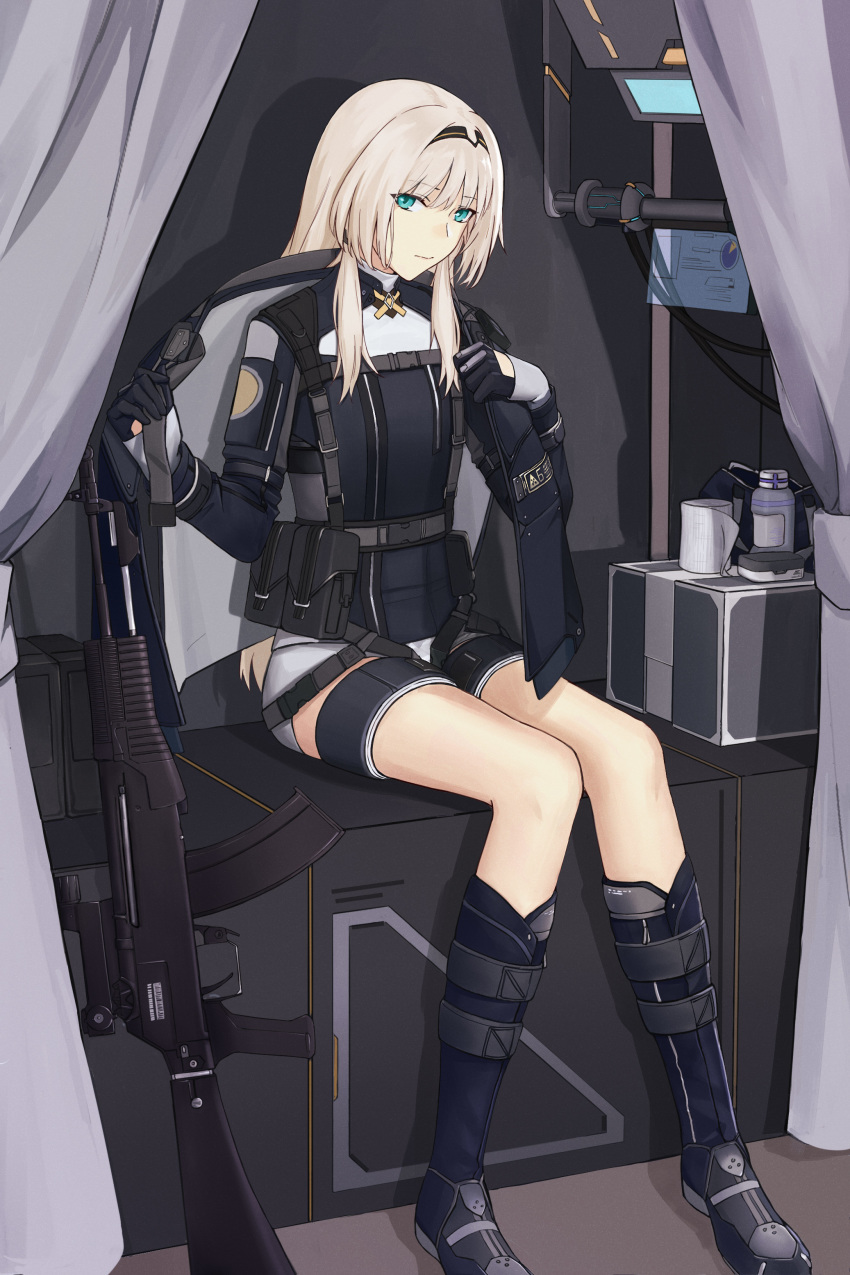 absurdres an-94 an-94_(girls'_frontline) assault_rifle blonde_hair boots commentary_request curtains female girls'_frontline gloves green_eyes gun hairband highres jacket knee_boots long_hair long_sleeves rifle shorts sidelocks sitting solo toilet_paper veolia weapon